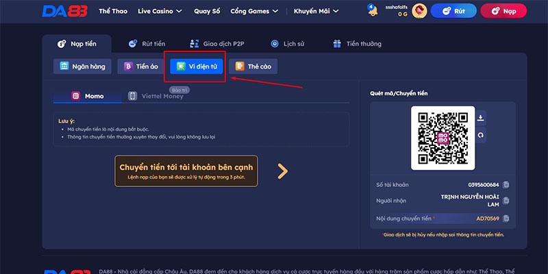 Sử dụng ví điện tử để chuẩn bị vốn cá cược tại DA88